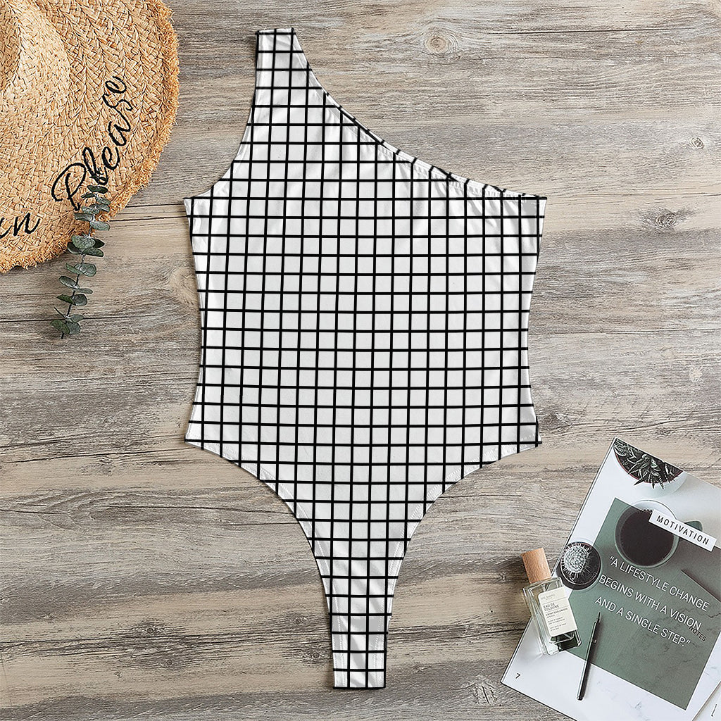 Black And White Windowpane Pattern Print One Shoulder Bodysuit