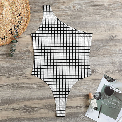 Black And White Windowpane Pattern Print One Shoulder Bodysuit
