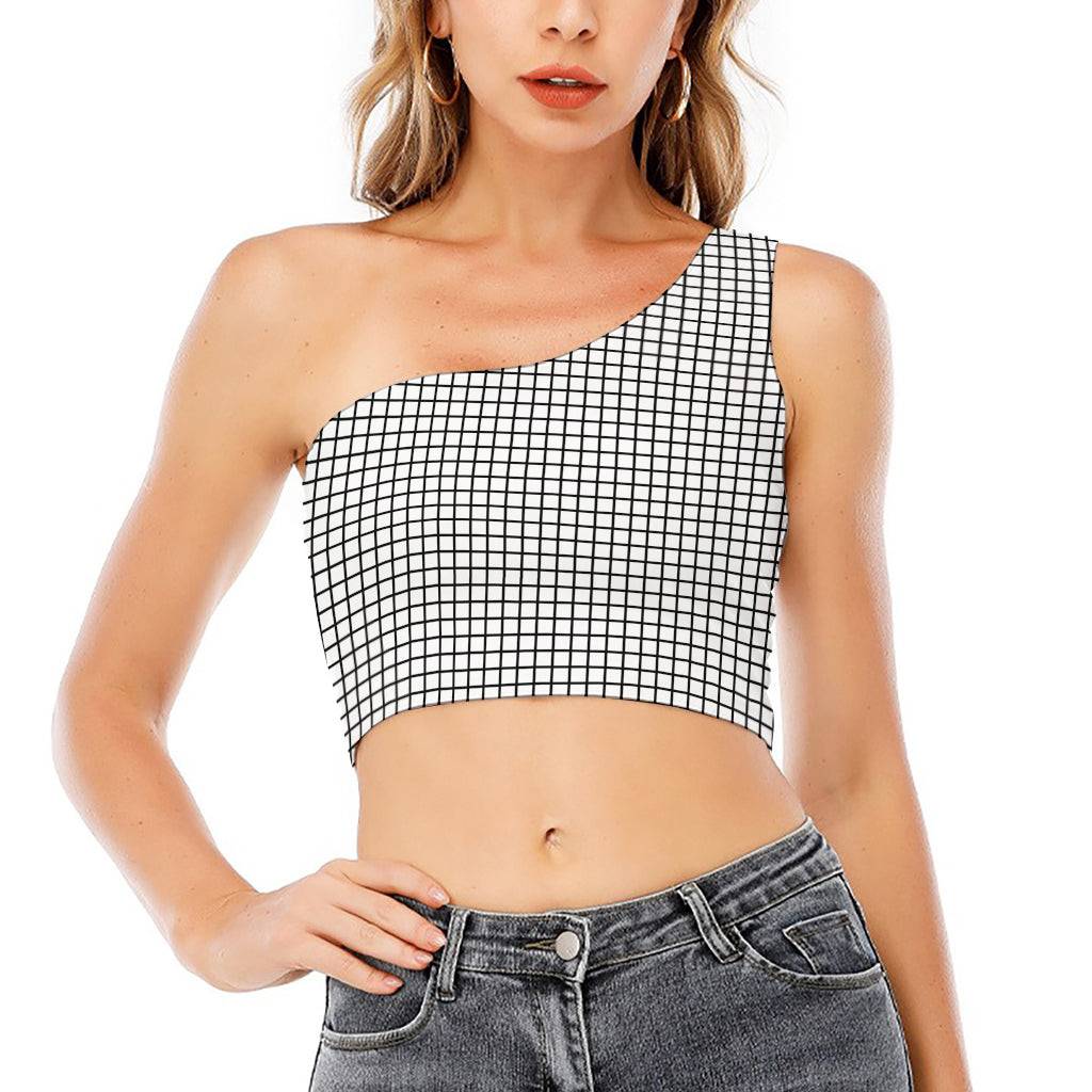 Black And White Windowpane Pattern Print One Shoulder Crop Top
