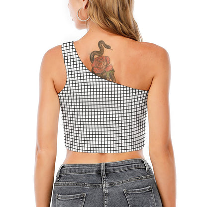 Black And White Windowpane Pattern Print One Shoulder Crop Top