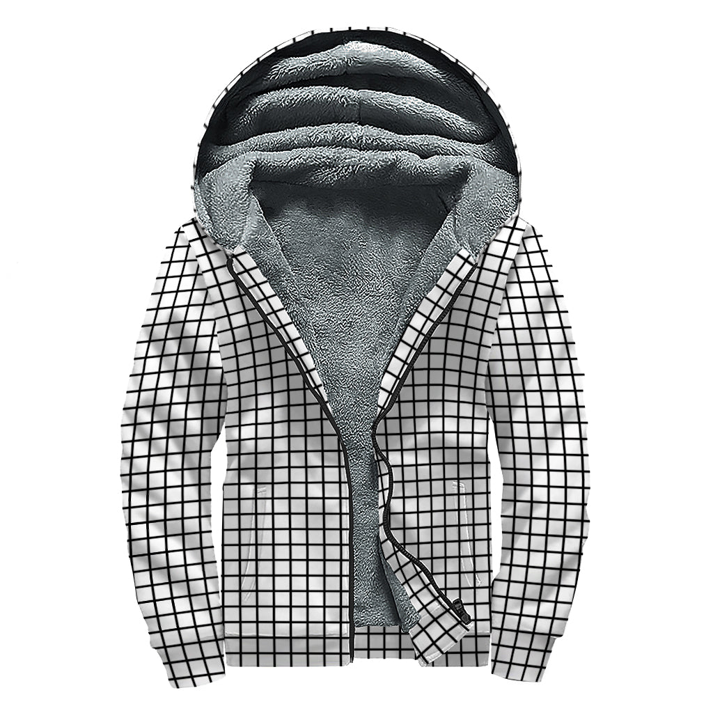 Black And White Windowpane Pattern Print Sherpa Lined Zip Up Hoodie