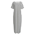 Black And White Windowpane Pattern Print Short Sleeve Long Nightdress
