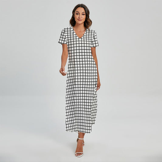Black And White Windowpane Pattern Print Short Sleeve Maxi Dress