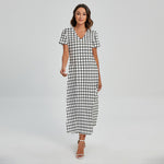 Black And White Windowpane Pattern Print Short Sleeve Maxi Dress