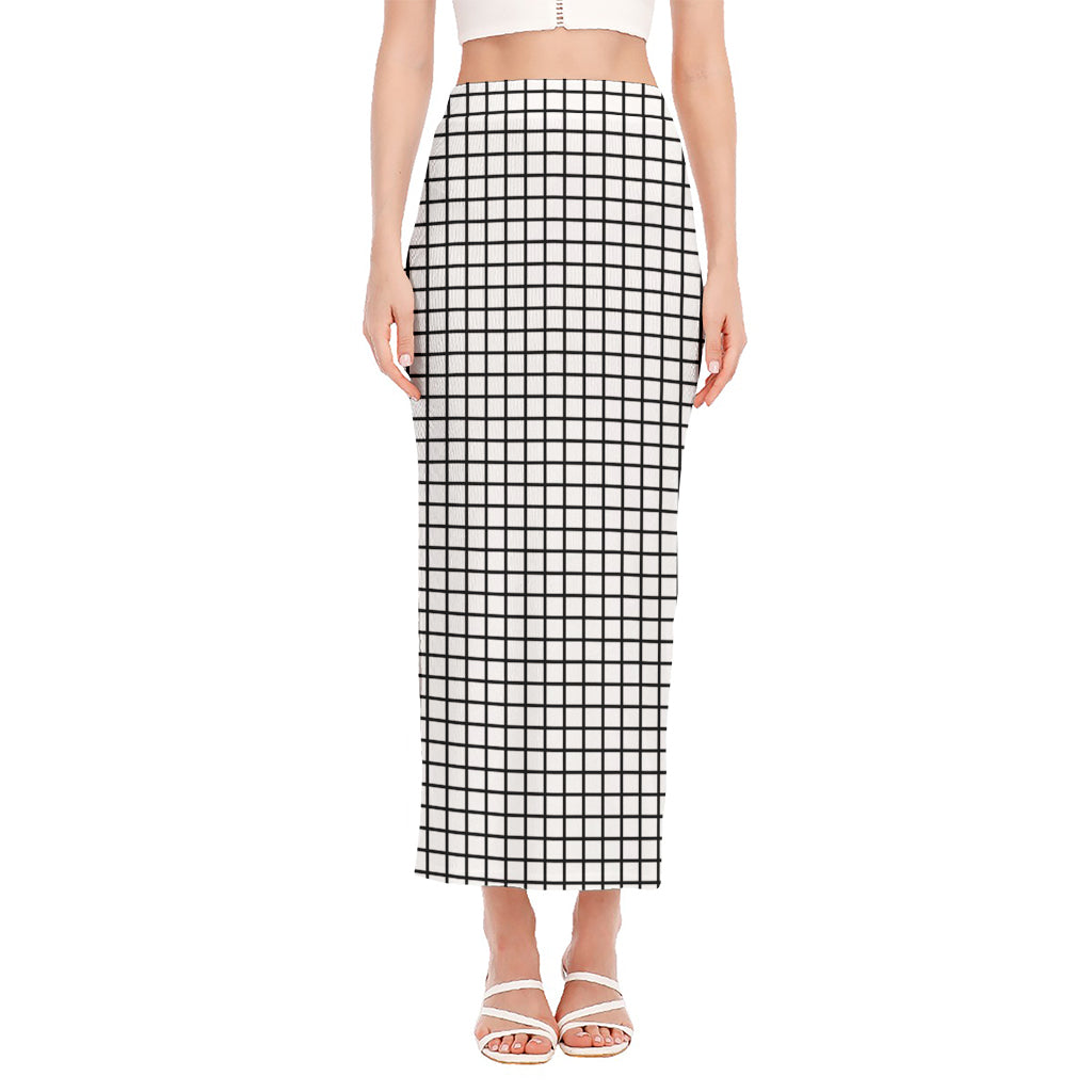 Black And White Windowpane Pattern Print Side Slit Maxi Skirt