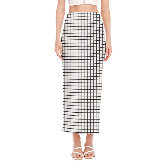Black And White Windowpane Pattern Print Side Slit Maxi Skirt