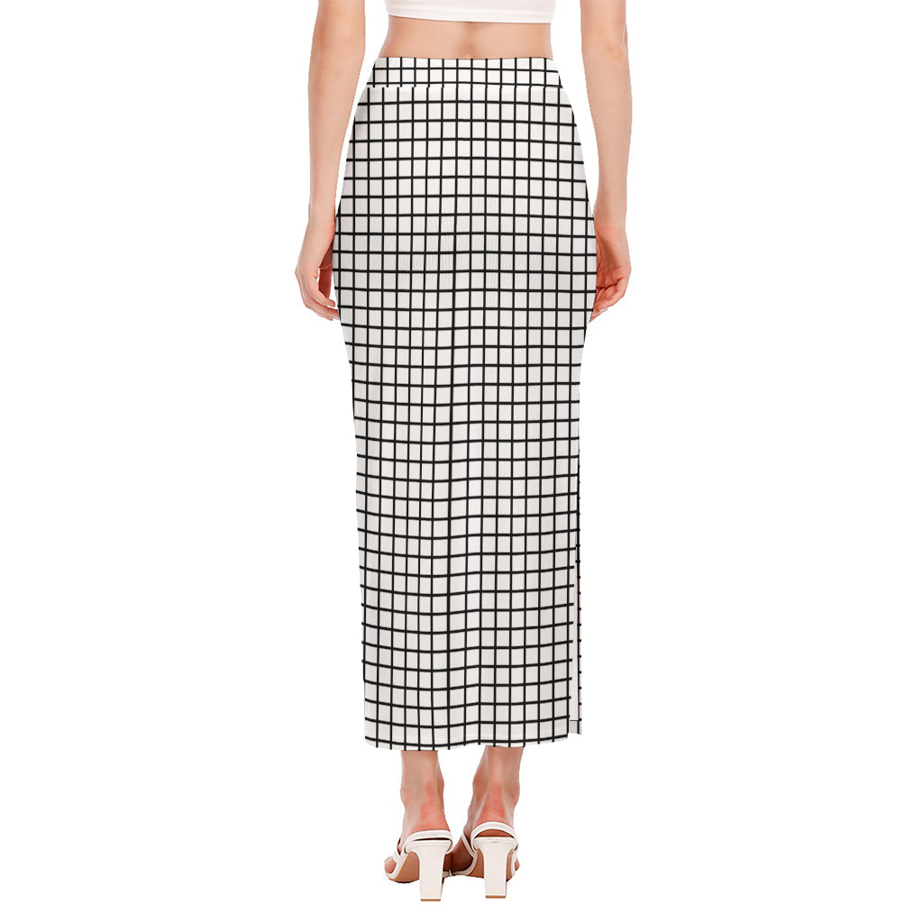 Black And White Windowpane Pattern Print Side Slit Maxi Skirt