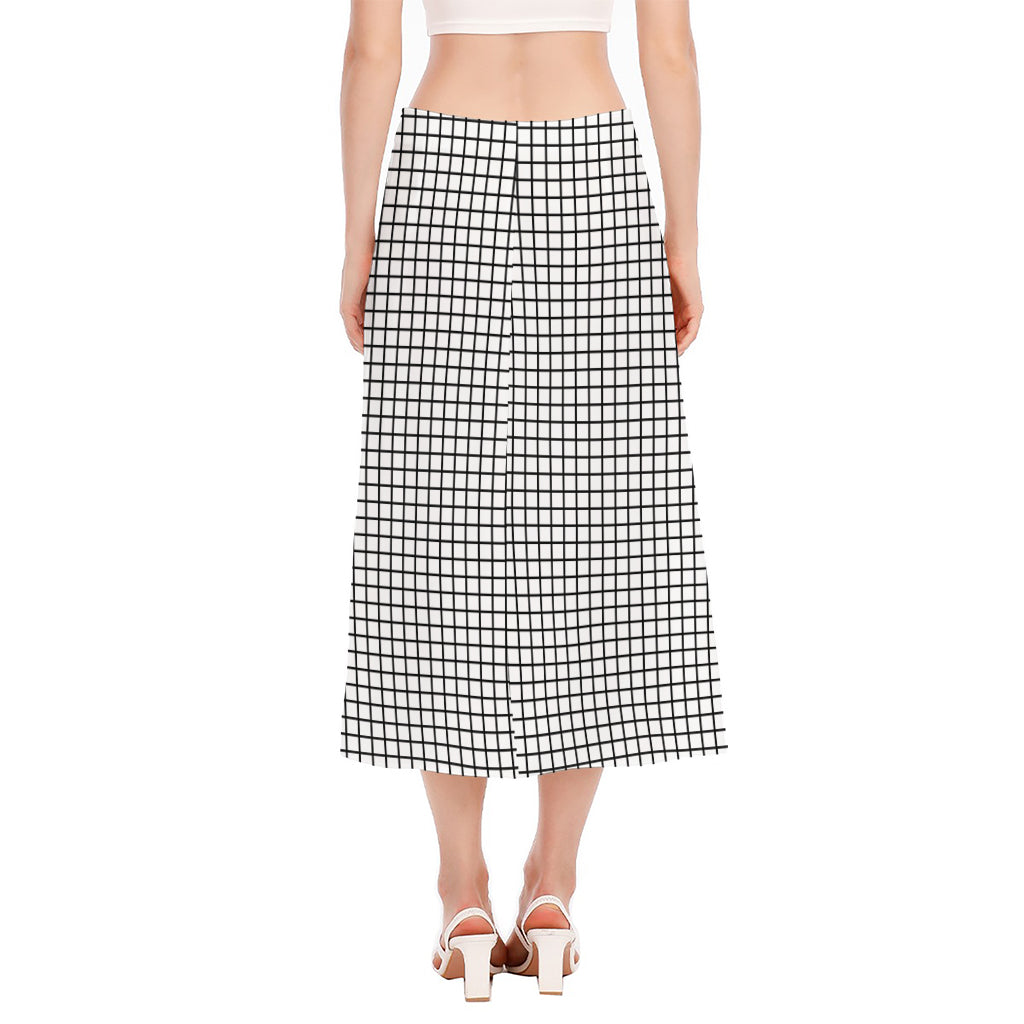 Black And White Windowpane Pattern Print Side Slit Midi Skirt