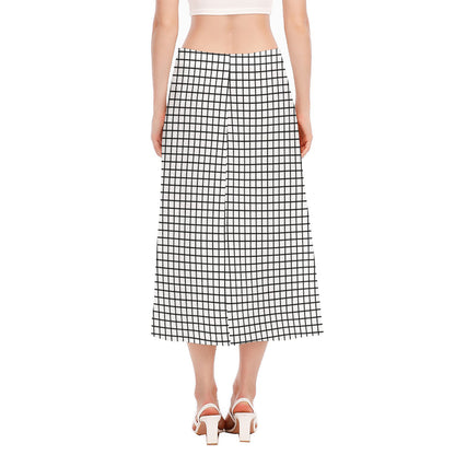 Black And White Windowpane Pattern Print Side Slit Midi Skirt