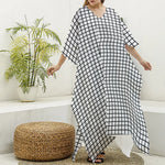 Black And White Windowpane Pattern Print Silk V-Neck Kaftan Dress