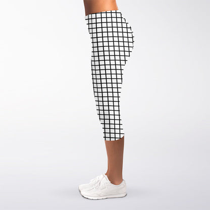 Black And White Windowpane Pattern Print Women's Capri Leggings