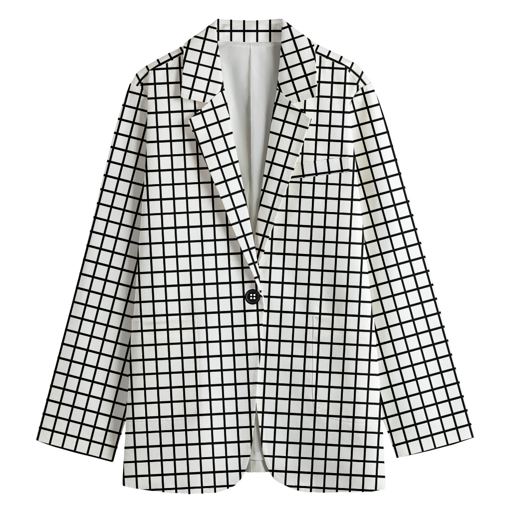 Black And White Windowpane Pattern Print Women's Cotton Blazer