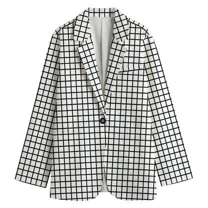 Black And White Windowpane Pattern Print Women's Cotton Blazer