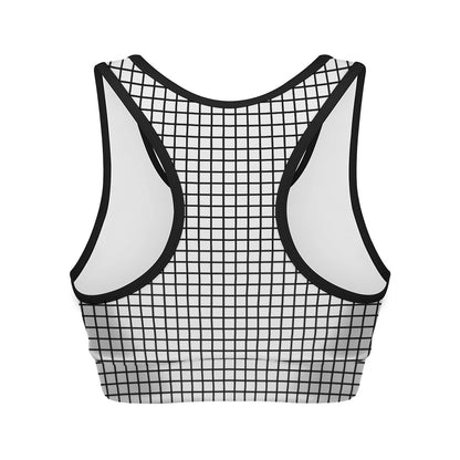 Black And White Windowpane Pattern Print Women's Sports Bra