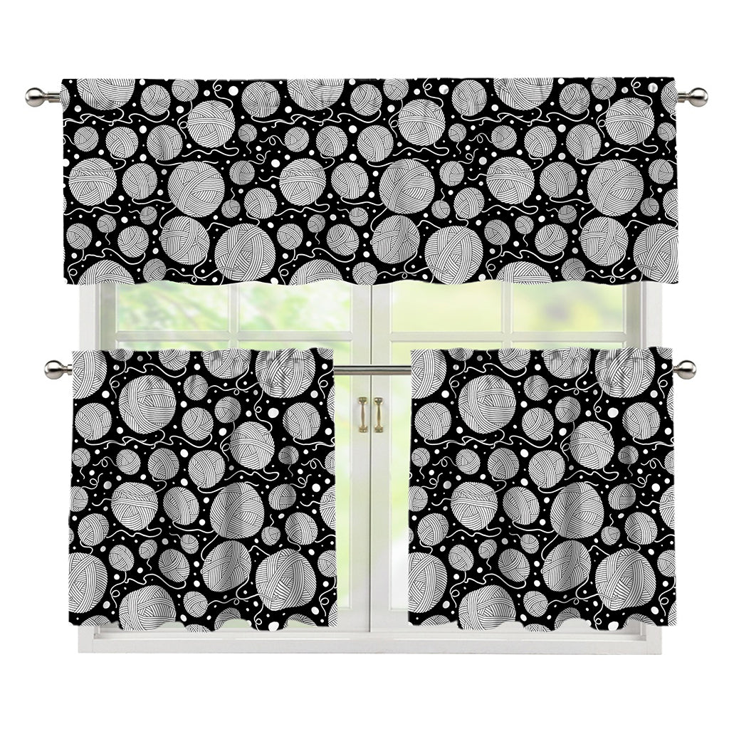 Black And White Yarn Pattern Print 3 Piece Kitchen Curtains