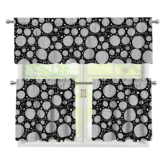 Black And White Yarn Pattern Print 3 Piece Kitchen Curtains