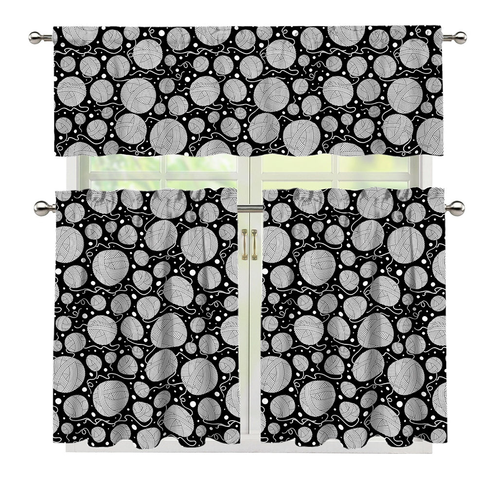 Black And White Yarn Pattern Print 3 Piece Kitchen Curtains