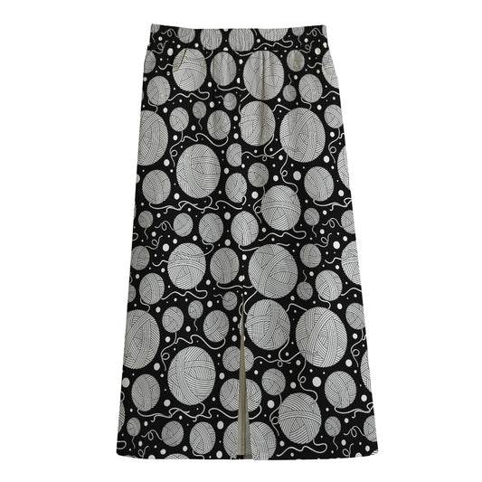 Black And White Yarn Pattern Print Cotton Front Slit Maxi Skirt