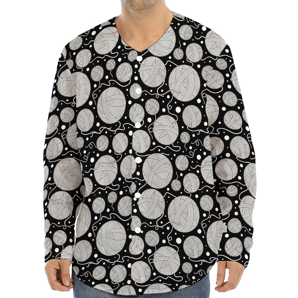 Black And White Yarn Pattern Print Long Sleeve Baseball Jersey