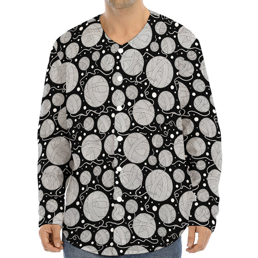 Black And White Yarn Pattern Print Long Sleeve Baseball Jersey