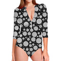 Black And White Yarn Pattern Print Long Sleeve Swimsuit