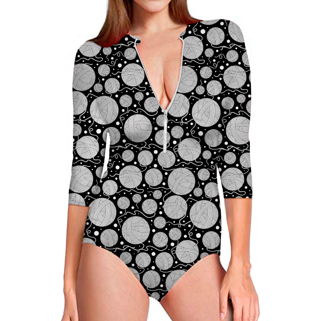 Black And White Yarn Pattern Print Long Sleeve Swimsuit