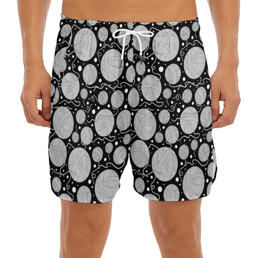 Black And White Yarn Pattern Print Men's Split Running Shorts