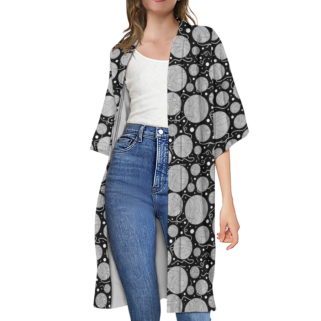 Black And White Yarn Pattern Print Open Front Beach Cover Up