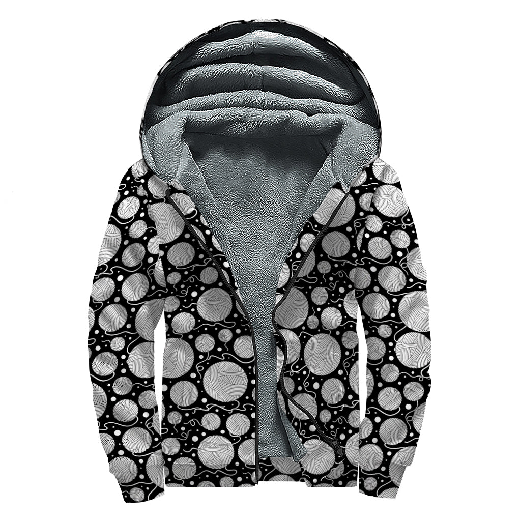 Black And White Yarn Pattern Print Sherpa Lined Zip Up Hoodie