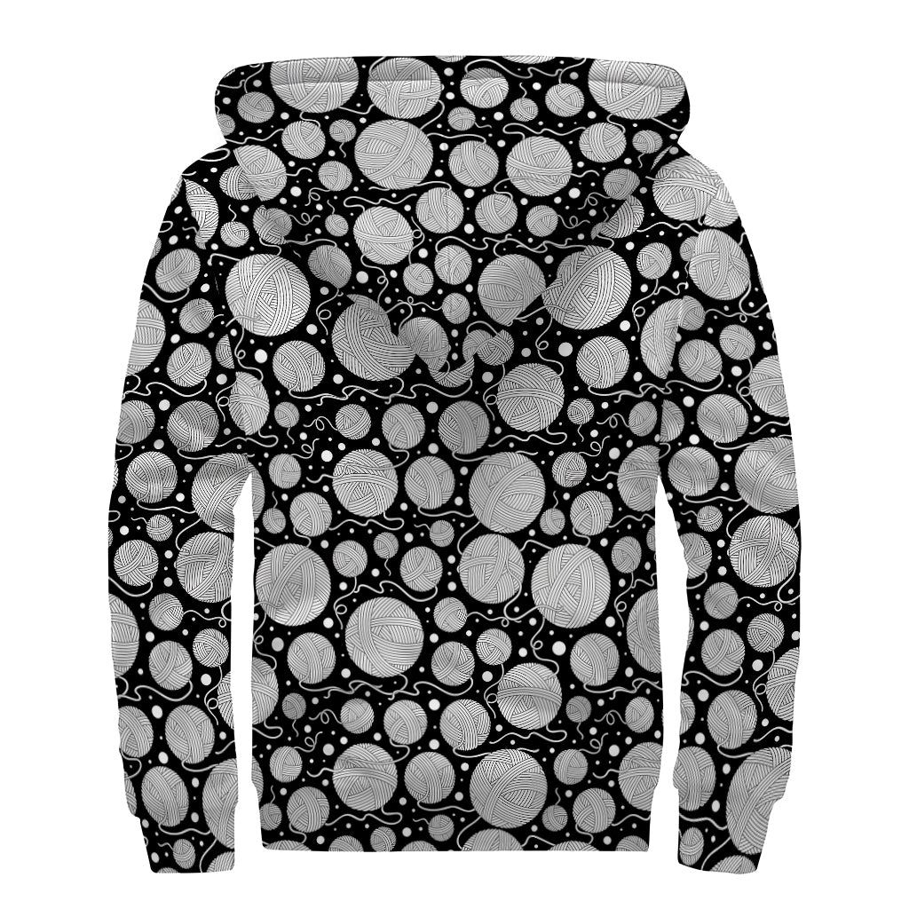 Black And White Yarn Pattern Print Sherpa Lined Zip Up Hoodie