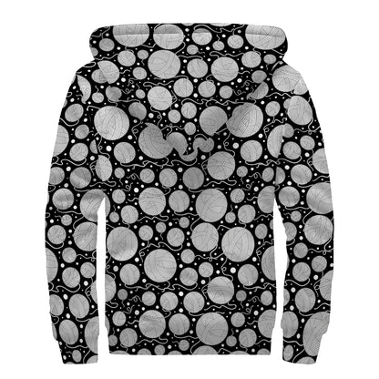Black And White Yarn Pattern Print Sherpa Lined Zip Up Hoodie