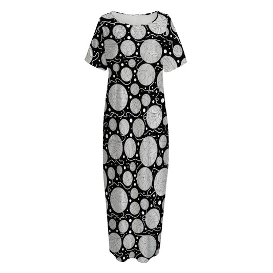 Black And White Yarn Pattern Print Short Sleeve Long Nightdress