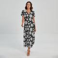 Black And White Yarn Pattern Print Short Sleeve Maxi Dress