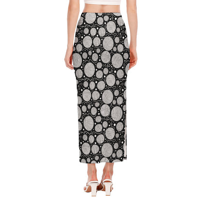 Black And White Yarn Pattern Print Side Slit Maxi Skirt