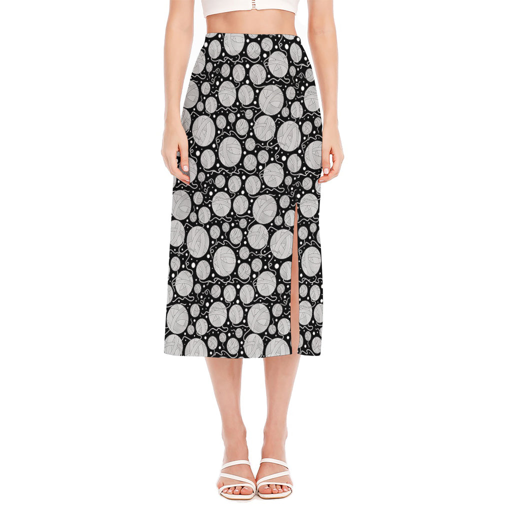 Black And White Yarn Pattern Print Side Slit Midi Skirt