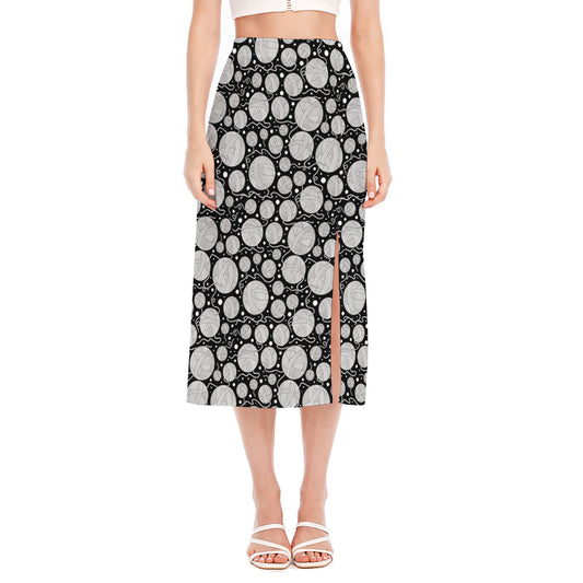 Black And White Yarn Pattern Print Side Slit Midi Skirt