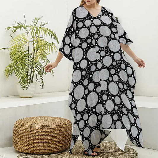 Black And White Yarn Pattern Print Silk V-Neck Kaftan Dress