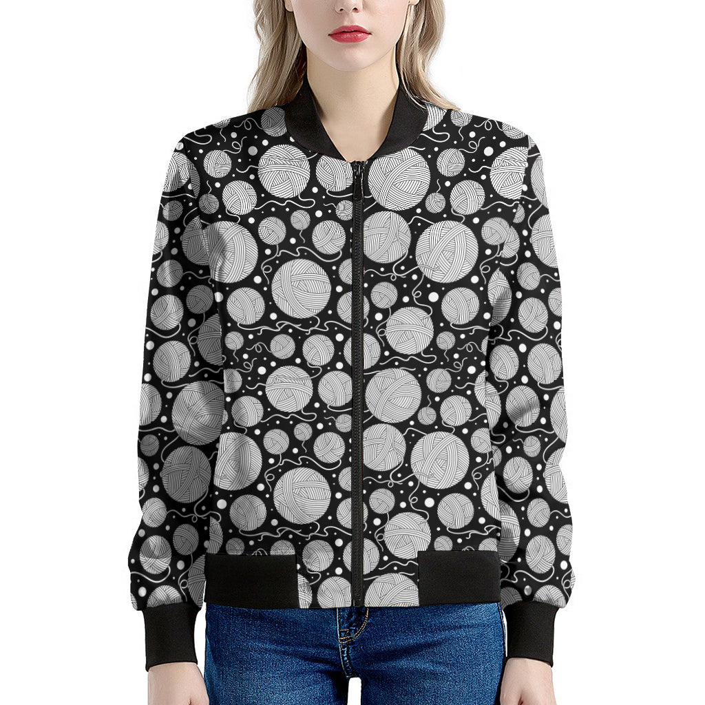 Black And White Yarn Pattern Print Women's Bomber Jacket