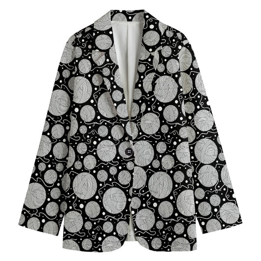 Black And White Yarn Pattern Print Women's Cotton Blazer