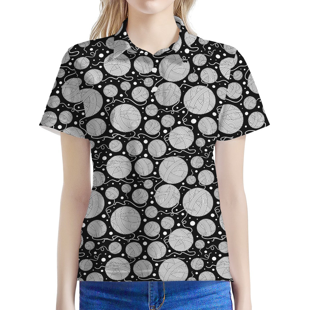 Black And White Yarn Pattern Print Women's Polo Shirt