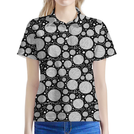 Black And White Yarn Pattern Print Women's Polo Shirt
