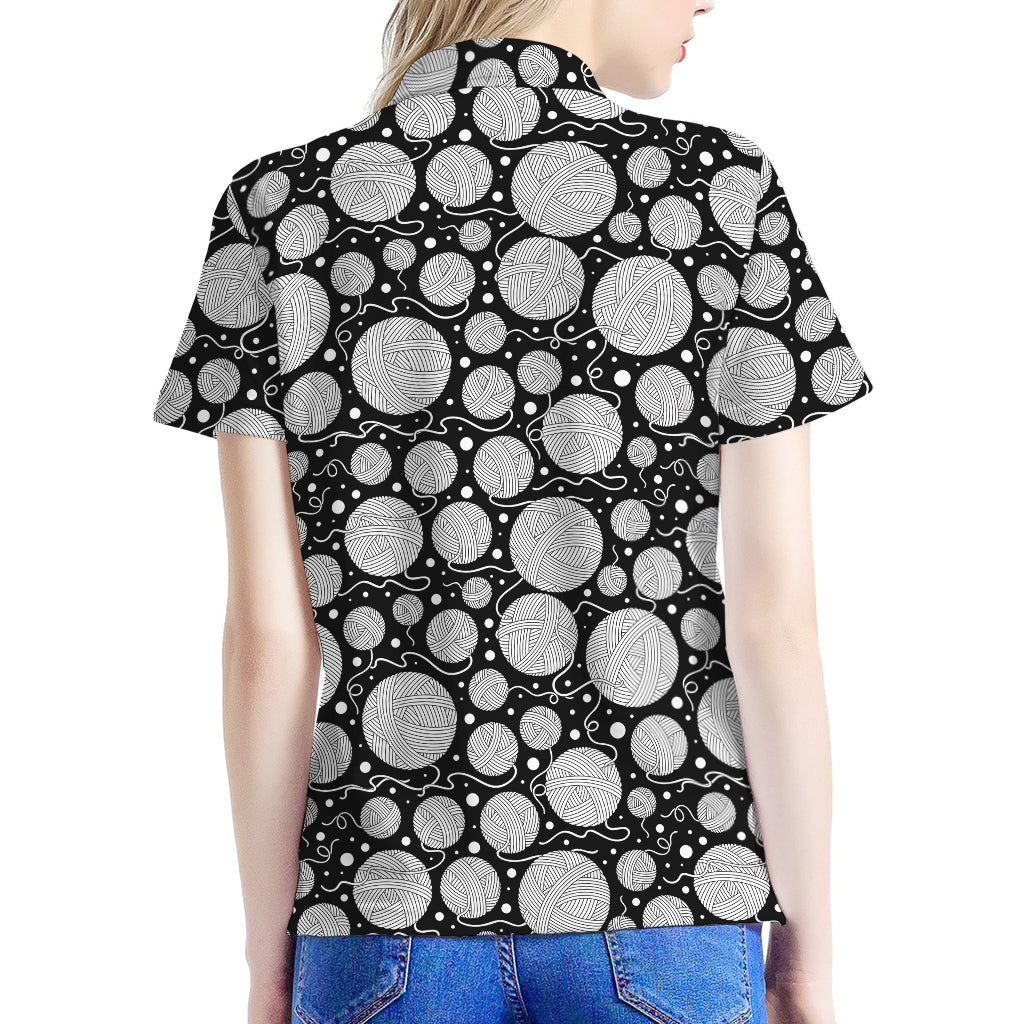 Black And White Yarn Pattern Print Women's Polo Shirt