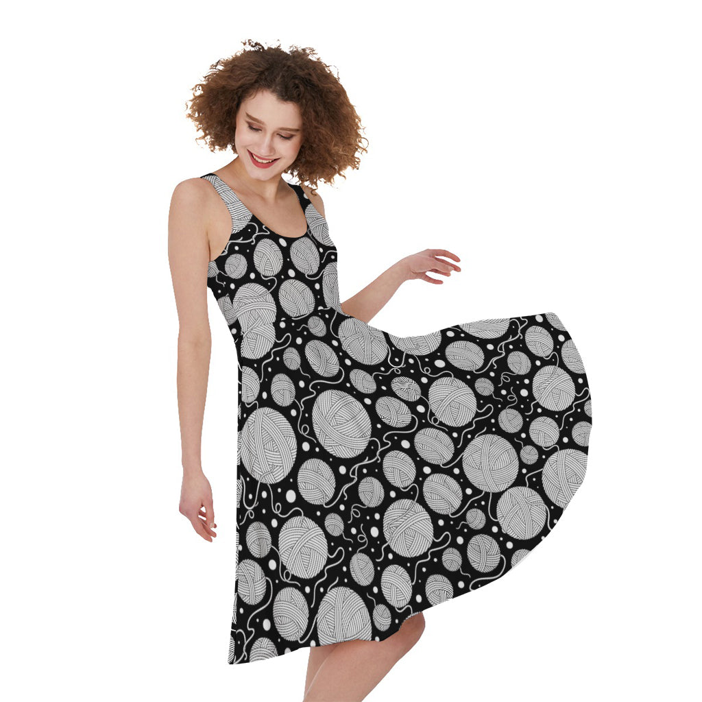 Black And White Yarn Pattern Print Women's Sleeveless Dress