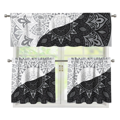 Black And White Yin Yang Mandala Print 3 Piece Kitchen Curtains