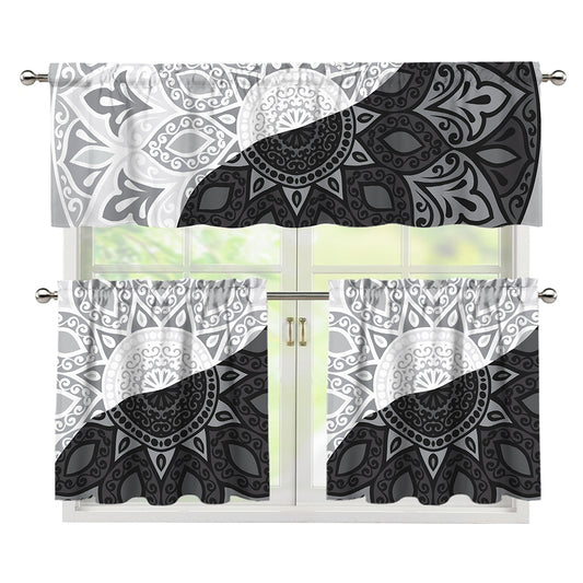 Black And White Yin Yang Mandala Print 3 Piece Kitchen Curtains
