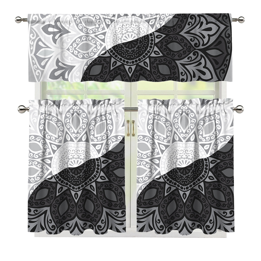 Black And White Yin Yang Mandala Print 3 Piece Kitchen Curtains