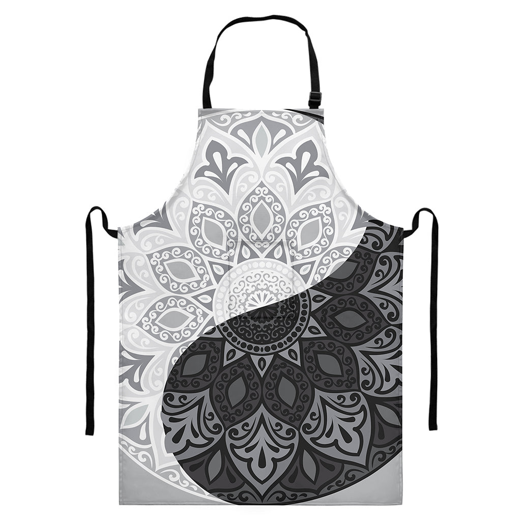 Black And White Yin Yang Mandala Print Bib Apron With Pocket