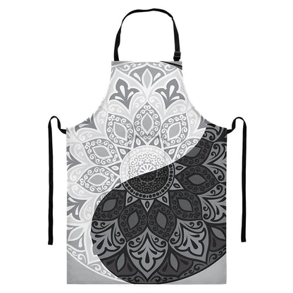 Black And White Yin Yang Mandala Print Bib Apron With Pocket