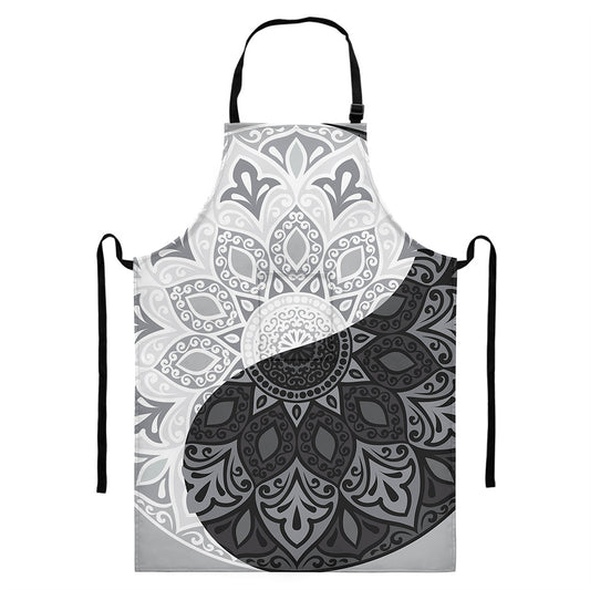 Black And White Yin Yang Mandala Print Bib Apron With Pocket