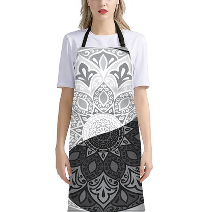 Black And White Yin Yang Mandala Print Bib Apron With Pocket